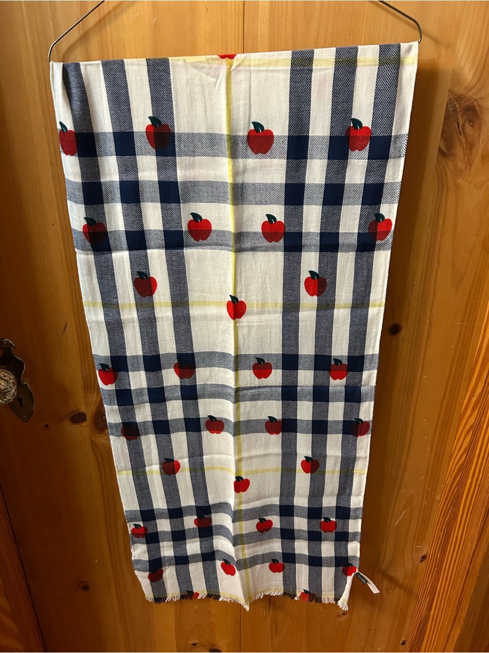 Talbots Navy and White Plaid Scarf with Red Apple Print